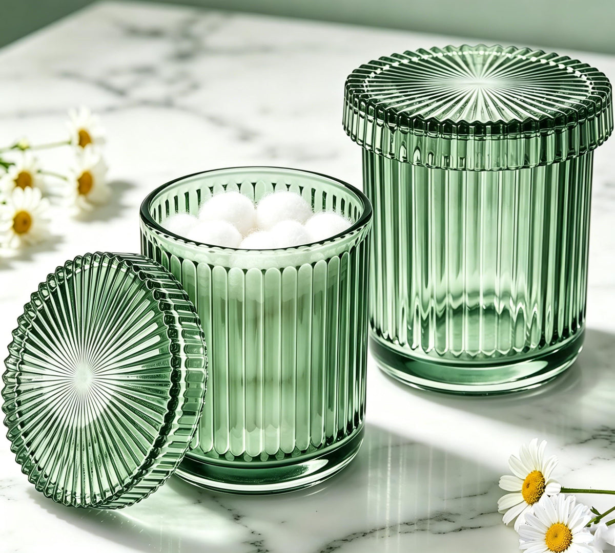 ESEHGS 2 Pack Glass Qtip Holder Dispenser Set - Bathroom Organizer for Cotton Swabs, Balls, Pads, Floss Picks - Clear Apothecary Jars for Vanity, Makeup Storage, Bathroom Accessories Decor (Green)