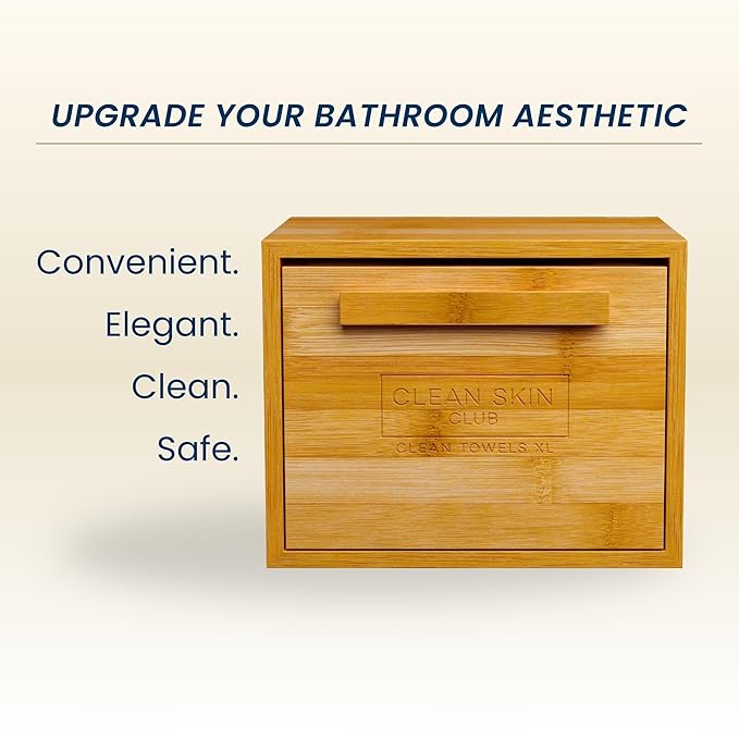 Clean Skin Club Luxe Bamboo container with pullout drawer includes Clean Towels® Original XL 50 Count, Disposable Face Towel Holder for Bathroom Counter