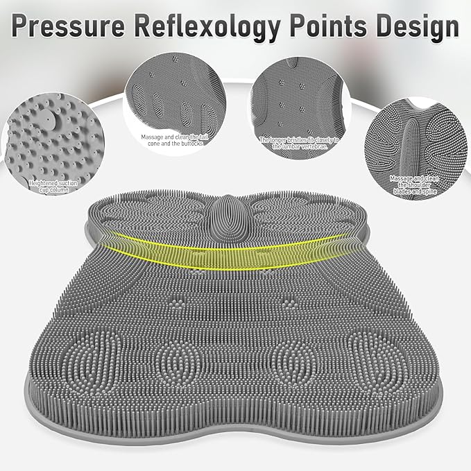 Vynusio Back Scrubber Body Bath Cushion Tub Bathtub Back Lumbar Support Ergonomic Silicone XL Thick Soft Seat Pad Non-Slip Suction Cups Relaxing Spa Mat Exfloating Scrubbing Shower 28 x 19 Grey