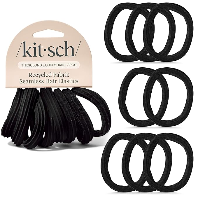 Kitsch Seamless Hair Ties No Damage - Stretchable Hair Bands for Strong All-Day Hold, Ponytail Holders | Hair Accessories for Girls - Black 8 Pcs