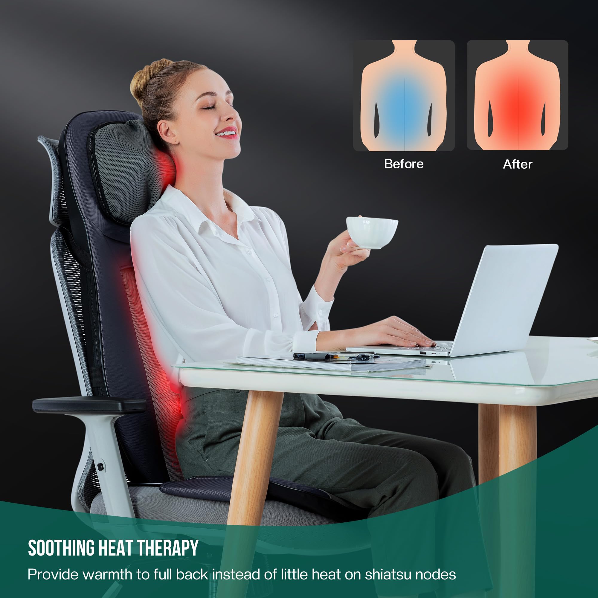 Snailax Shiatsu Neck Back Massager with Heat, Full Body Massage Chair Pad with Adjustable Height, Deep Kneading & Rolling Massage Seat Cushion for Back Pain, APP Control Seat Chair Massager, Gifts