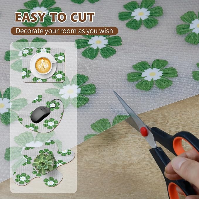 Drawer and Shelf Liner for Kitchen Cabinet,Non-Adhesive Waterproof EVA Drawer Liner for Dresser & Bathroom Vanities with Cutting Tool(12 in X 30 Ft Green Chrysanthemum)