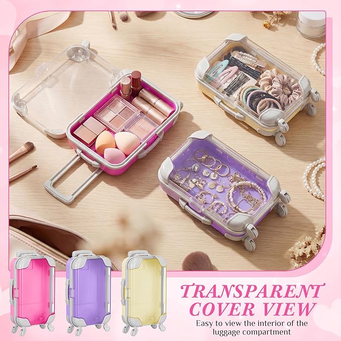 Honeydak 3 Pcs Mini Plastic Suitcase False Eyelashes Tray Luggage Trolley Candy Box Clear Suitcase Packaging Party Box for Jewelry Cosmetic Hairpins Storage (Bright Color,4.7 x 2.8 x 1.3 Inch)