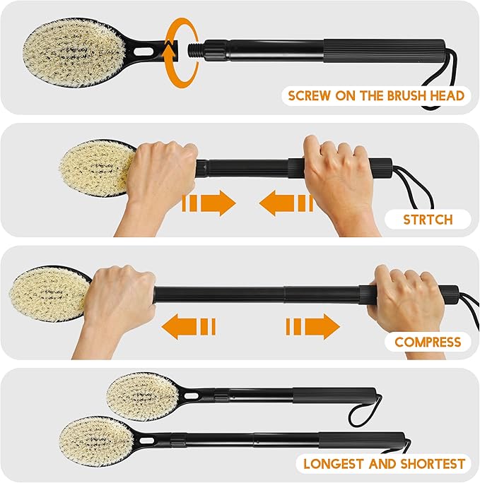 Back Scrubber for Shower with Long Handle, Dual-Sided Bath Brush for Wet & Dry Brushing, Soft & Stiff Bristles Body Exfoliator, Adjustable Detachable Shower Brush for Back, Legs & Feet