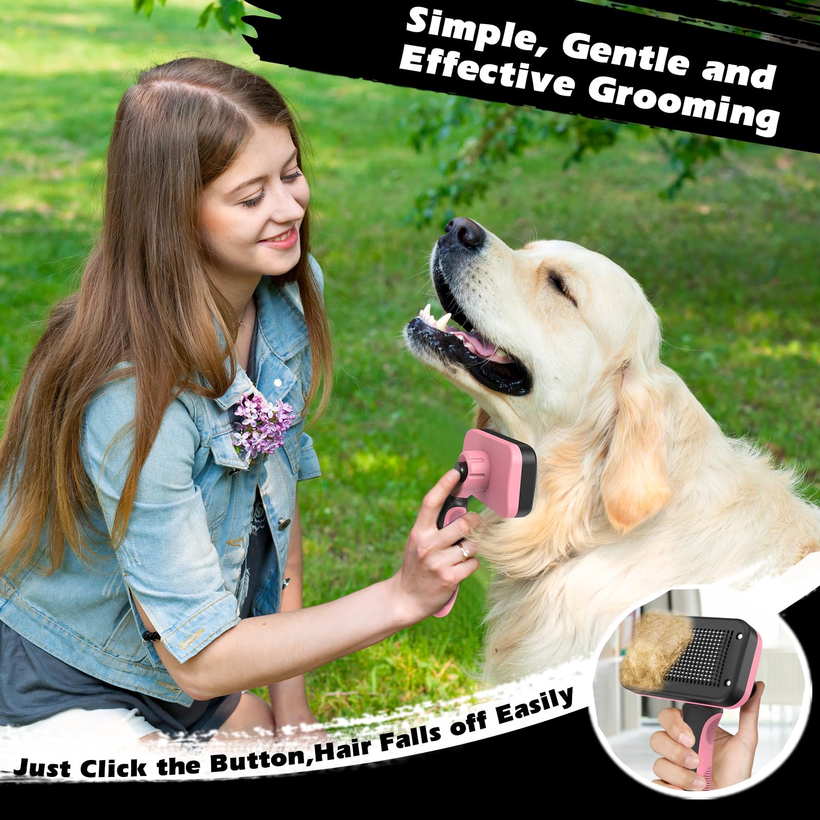 Professional 3PCS Self Cleaning Slicker Brush & Pet Grooming Rake & Flea Comb for Dogs,Cats and Horses | Double-Sided Dematting Comb & Skin Friendly Deshedding Grooming Tool (Light Pink)