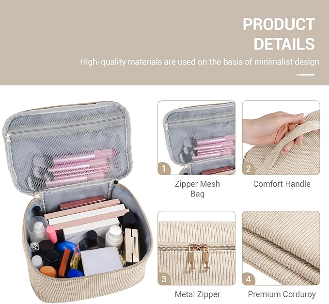 MAGEFY Makeup Bag, 3 Pcs Cosmetics Bag Large Capacity with Handle Make Up Bag for purse Corduroy Bag Pouch for Purse Travel Makeup Organizer Bag-Beige