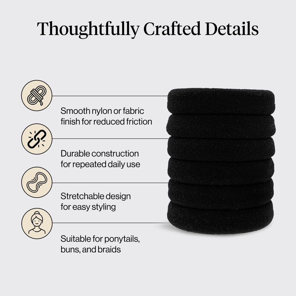 Kitsch Nylon Hair Ties No Damage - Stretchable Hair Bands for Strong All-Day Hold, Ponytail Holders | Hair Accessories for Girls - Black, 6 Pcs