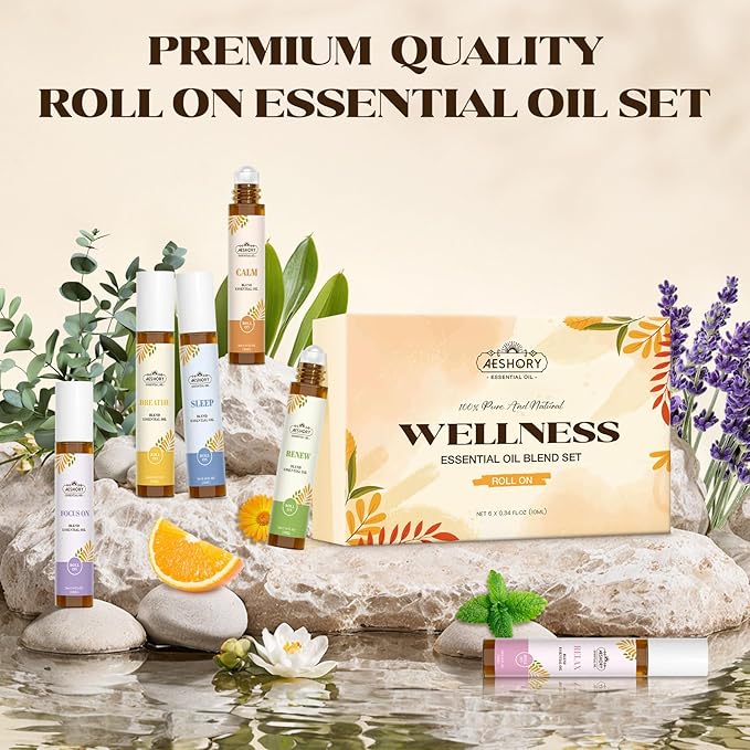 Essential Oils Roll On Set,Gifts for Women & Men (Calm, Relax, Breathe, Focus on, Sleep, Renew), Natural Aromatherapy Oil Blend Kit with Roller Ball for Massage, Body Skin Care, Relaxation Gift