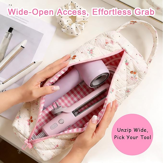 Hair Tool Bag, Quilted Hair Tools Travel Bag, Cute Large Hair Styling Tool Storage Case with Small Pouch, Compatible with Shark Flex Dyson Airwrap Hair Dryer Curling Iron, Cherry