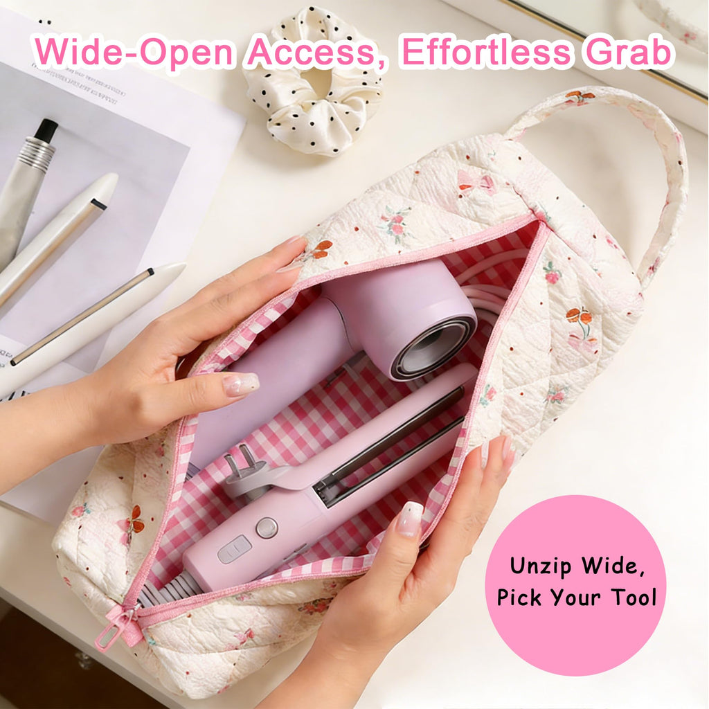 Hair Tool Bag, Quilted Hair Tools Travel Bag, Cute Large Hair Styling Tool Storage Case with Small Pouch, Compatible with Shark Flex Dyson Airwrap Hair Dryer Curling Iron, Cherry