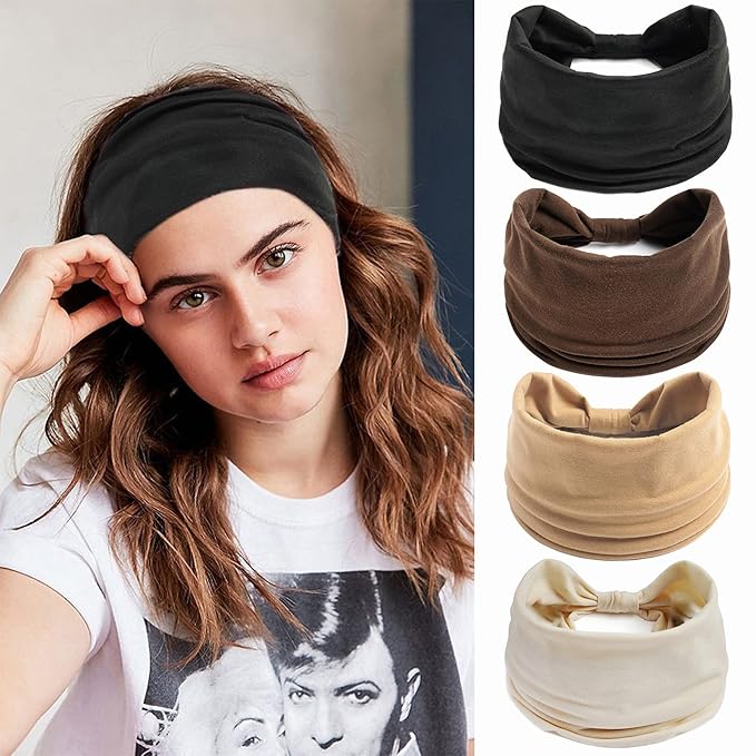 Boho Headbands For Women Fashion Stretch Wide Hair Bands Knoted Turban Head Bands Yoga Running Sweatband Elastic Headband Stylish Wrap Headbands Hair Accessories for Teen Girls 4 Pack