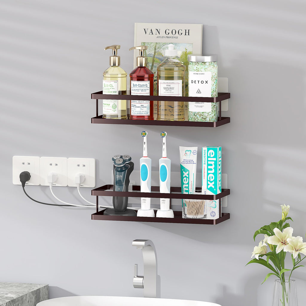 PUSDON 2-Pack Minimalist Shower Caddy Wall Mount, Open Frame Bathroom Shelf Organizer with Mesh Base, Rustproof Floating Spice Rack for Kitchen, Holds 50 LBS, 4 Hooks - Vintage Bronze, Guardrail