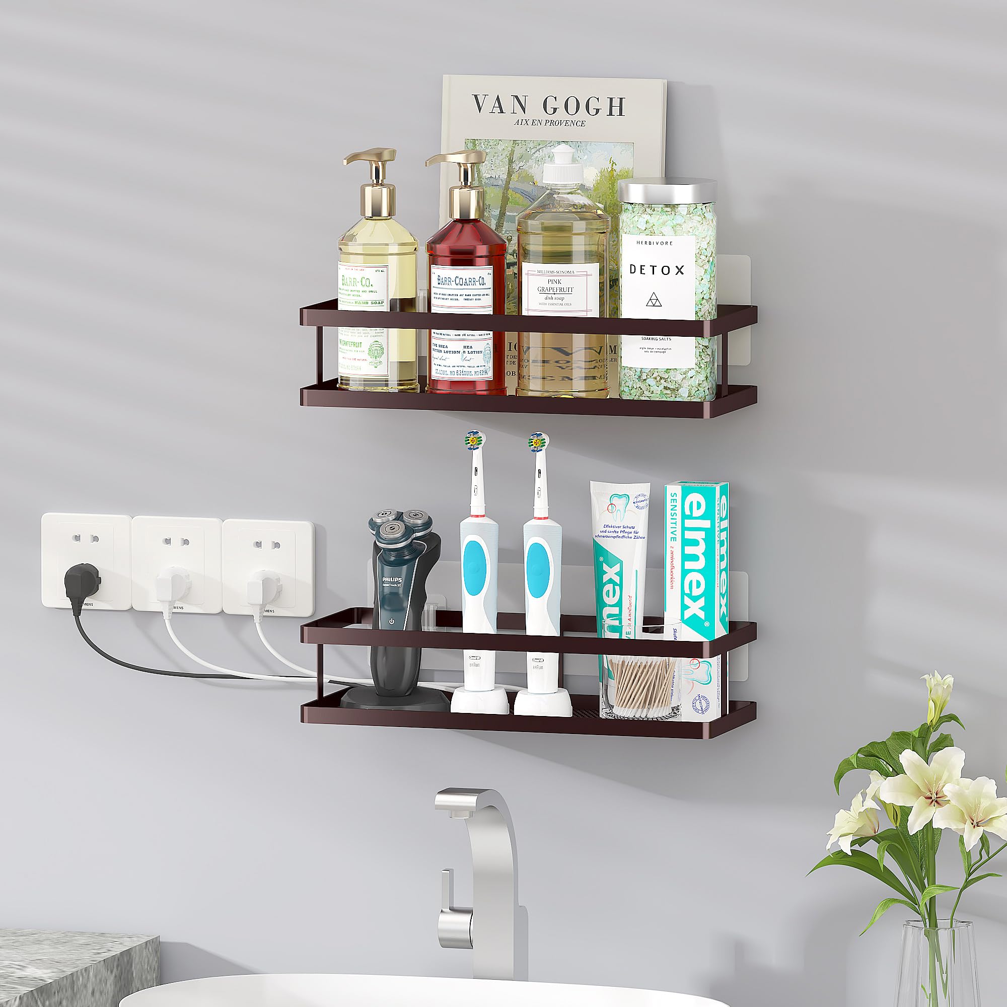 PUSDON 2-Pack Minimalist Shower Caddy Wall Mount, Open Frame Bathroom Shelf Organizer with Mesh Base, Rustproof Floating Spice Rack for Kitchen, Holds 50 LBS, 4 Hooks - Vintage Bronze, Guardrail
