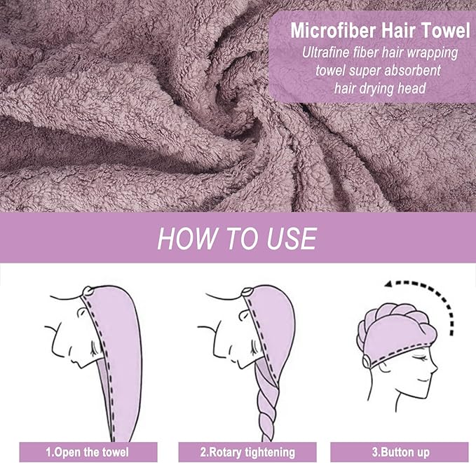 3 Pack Microfiber Hair Towel Wrap for Women, Fast Drying Hair Turban with Button, Anti-Frizz Large Hair Towel for All Hair Styles, Soft & Absorbent Hair Drying Towel (Purple, Bule, Brown)