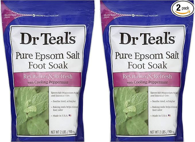 Dr. Teal's Pure Epsom Salt Foot Soak Solution Gift Set (2 Pack, 2lbs ea.) - Revitalize & Refresh with Cooling Peppermint - Essential Oils & Baking Soda Ease Aches & Pains and Eliminate & Prevent Odor