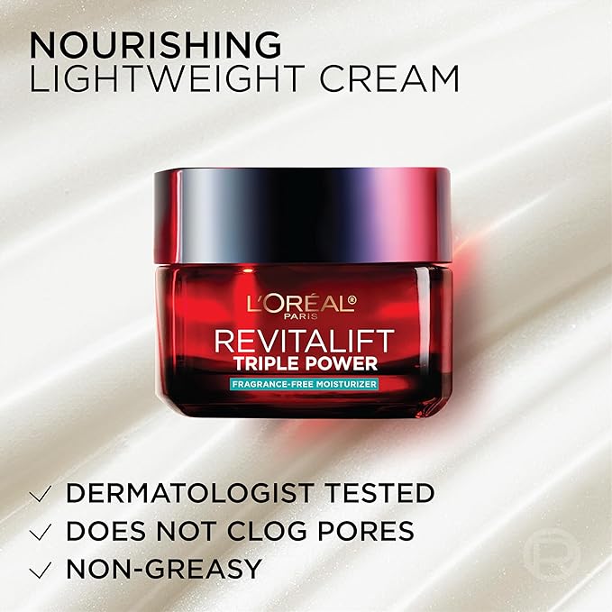 L'Oreal Paris Revitalift Triple Power Anti-Aging Face Moisturizer, Pro Retinol, Hyaluronic Acid & Vitamin C, Reduce Wrinkles, Fragrance Free 1.7 Oz