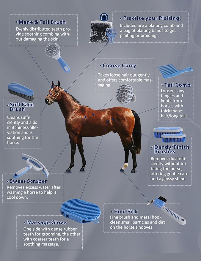 Horse Grooming Kit, 9-Piece Grooming Tools Set for Daily Horse Care – Includes All Essential Tools for Everyday Grooming Deep Blue