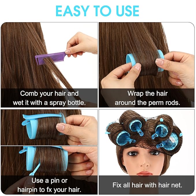 WILLBOND 141 Pieces Hair Rollers Set Include 60 Plastic Hair Rollers(Blue,6 Sizes)