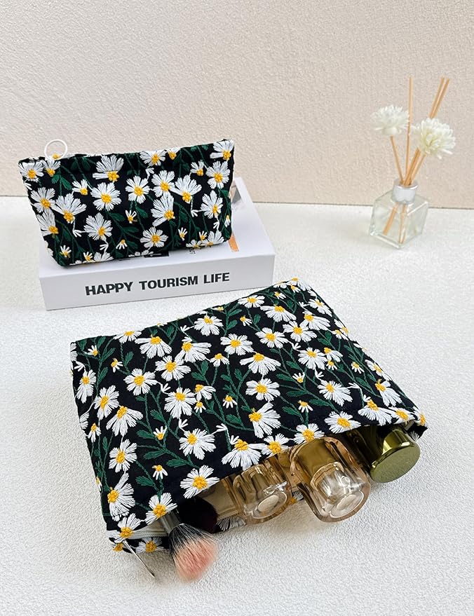 RIKMOXR 2 Pcs Makeup Bags, Large Cosmetic Bag Travel Toiletry Bag Organizer for Women, Embroidery Craft, Floral Makeup Bag Small Cosmetic Pouch Purse with Zipper Gifts for Girls Teen