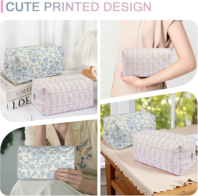 Gosect 2 Pack Floral Makeup Bag, Cute Cosmetic Bag for Women Girls, Quilted Cotton Make up Pouch, Travel Makeup Bags, Portable Storage Toiletry Organizer Bag(Pink+Blue Floral)