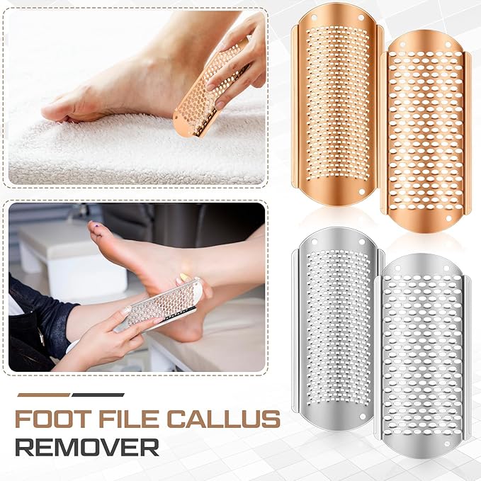 Moxweyeni 8 Pack Rose Gold,Silver Foot File Callus Remover Replacement Blades Metal Pedicure Rasp Hard Skin Remove Scrubber Stainless Steel 2 Designs Big/fine Hole for Detachable Foot Grater