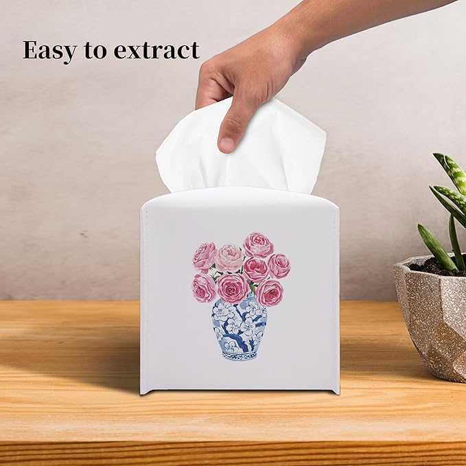 Grace Yonks Cute Tissue Box Cover Square - Blue Floral Vase & Pink Rose Design 5.2" PU Leather Holder for Vanity, Desk, or Bathroom Counter - Cube Case for Facial Tissues(002)