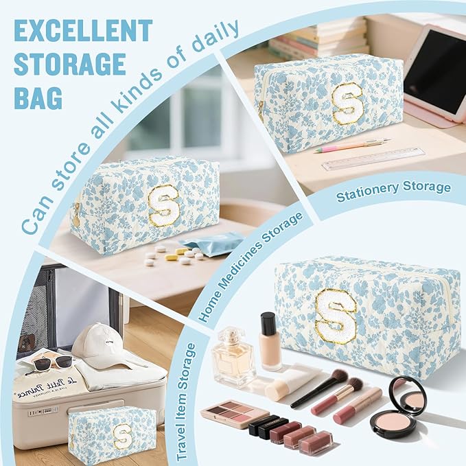 Personalized Quilted Cosmetic Bag, Puffy Monogrammed Christmas Birthday Gifts for Women & Girls, Cute initial Floral Makeup Bag Puffer Coquette Bag, Aesthetic Travel Toiletry Zipper Pouch(Blue,S)