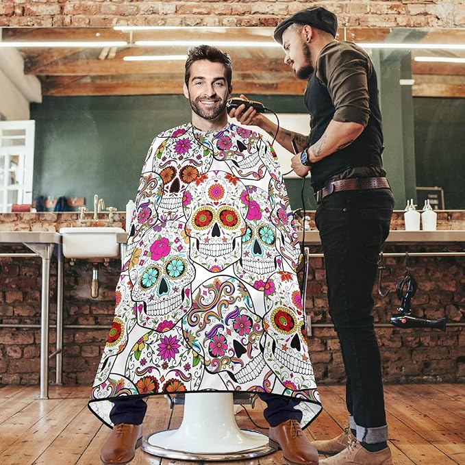 visesunny Barber Cape Sugar Skull With Flower Polyester Hair Cutting Salon Cape Apron Anti-Static Haircut Shaving Cloth Beard Shaving Bib Hairdressing Cape