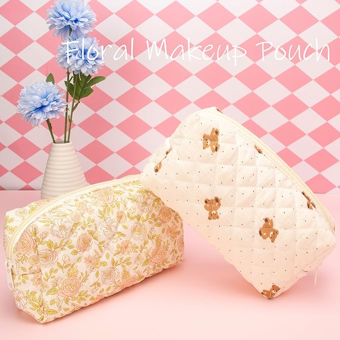 PAZIMIIK Small Quilted Makeup Bag,Zipper Cosmetic Pouch,Rose Beige