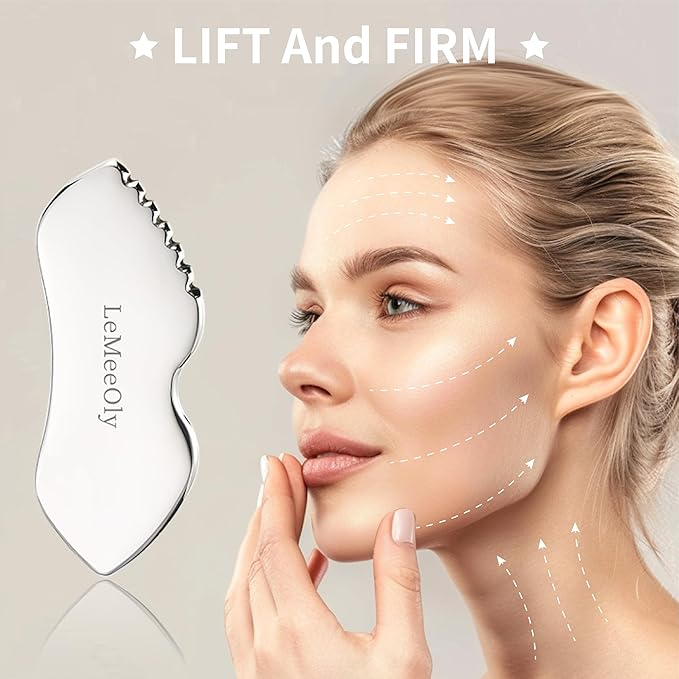 LeMeeOly 2Pcs Gua Sha Facial Tools Stainless Steel, Detailer GuaSha Set for Face Neck, Natural Skin Care Metal Gua Sha Lymphatic Drainage Face Massage Tool (Guasha & Eye Cream Applicator)