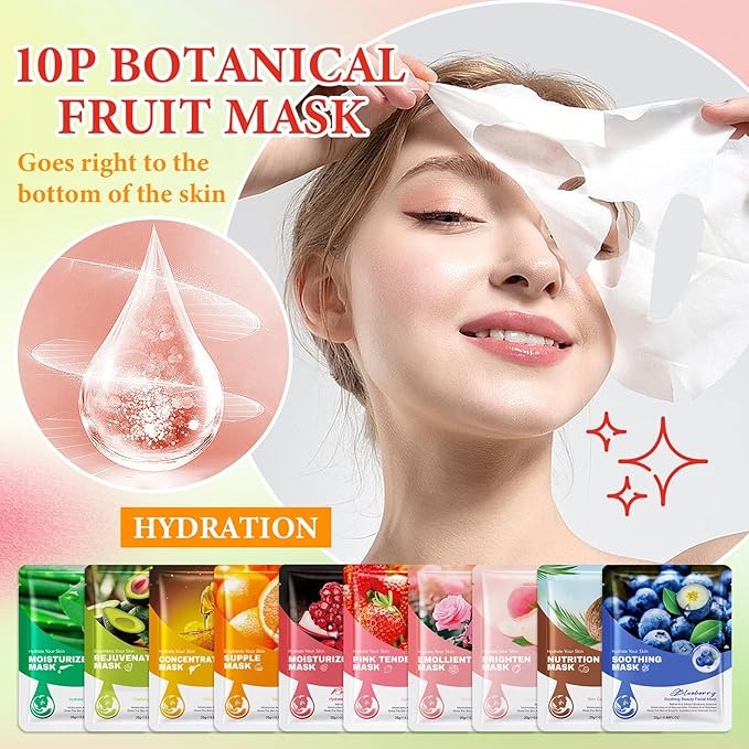 10 Pack Variety Facial Sheet Masks Skin Care Set, Hydrating Bulk Sheet Face Masks Skincare Gifts Set for Women Men, Long Lasting Moisturizing Face Mask Skincare for All Skin Type（C5)