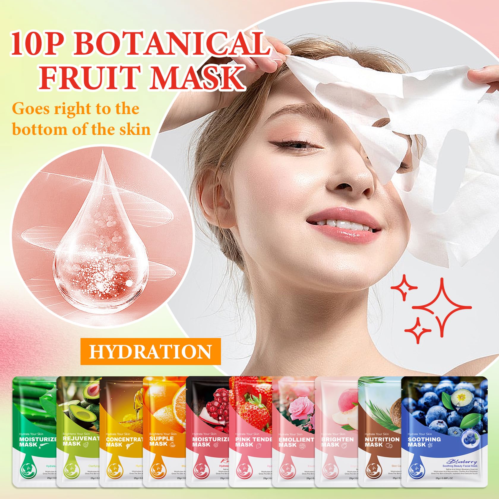 10 Pack Variety Facial Sheet Masks Skin Care Set, Hydrating Bulk Sheet Face Masks Skincare Gifts Set for Women Men, Long Lasting Moisturizing Face Mask Skincare for All Skin Type（C9)