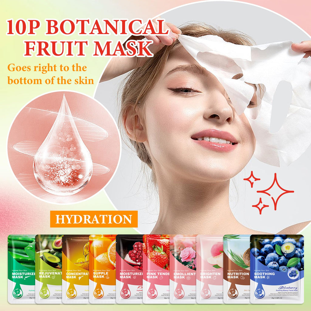 10 Pack Variety Facial Sheet Masks Skin Care Set, Hydrating Bulk Sheet Face Masks Skincare Gifts Set for Women Men, Long Lasting Moisturizing Face Mask Skincare for All Skin Type（C9)