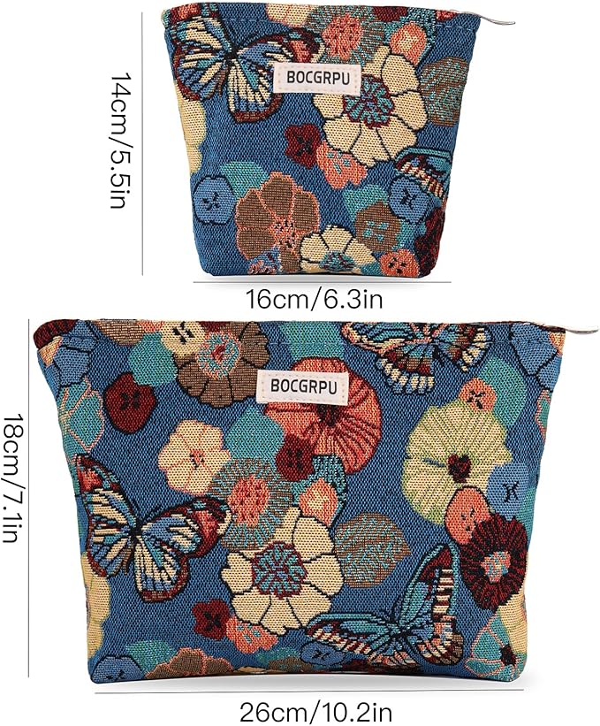 BOCGRPU 2 PCS Makeup Bag Set，Portable Small Cosmetic Bag for Purse ，Large Storage Capacity Toiletry Bag Organizer，Travel Pouch with Zipper for Women, (Flower Garden Blue)