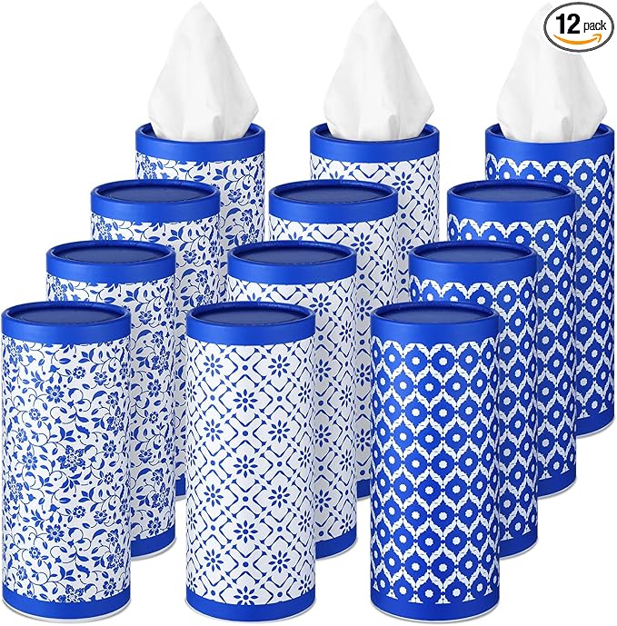 Fourluoo 12 Pack Car Tissue Cylinder Holder Bulk with 3 Ply Facial Tissues, Round Napkin Holders for Car Cup Holder Cylinder Travel Paper Tubes Bulk Round Napkin Boxes Packs(Novel Style)
