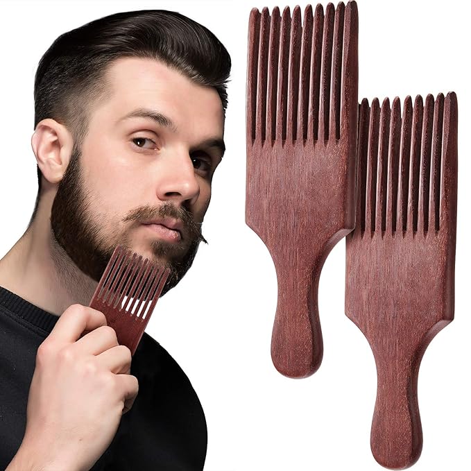 Patelai 2 Pcs Wooden Beard Pick Afro Beard Comb Wood Hair Pick Long Tooth Detangling Comb for Men Women