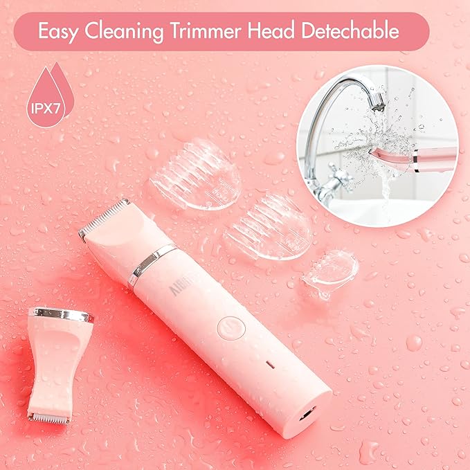 Electric Bikini Trimmer for Women - 2 in 1 Electric Lady Clipper Pubic Hair Groomer Painless Hair Removal Razor Body Shaver, Portable Ladies Shaver with 2 Trimmer Heads, IPX7 Waterproof