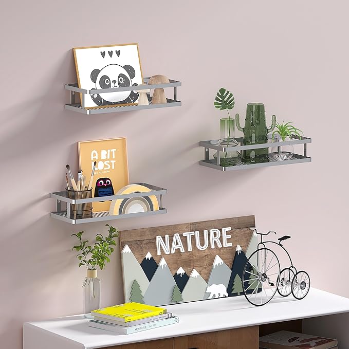 PUSDON 2-Pack Minimalist Shower Caddy Wall Mount, Open Frame Bathroom Shelf Organizer with Mesh Base, Rustproof Floating Spice Rack for Kitchen, Holds 50 LBS, 4 Hooks - Silver Gray, Guardrail