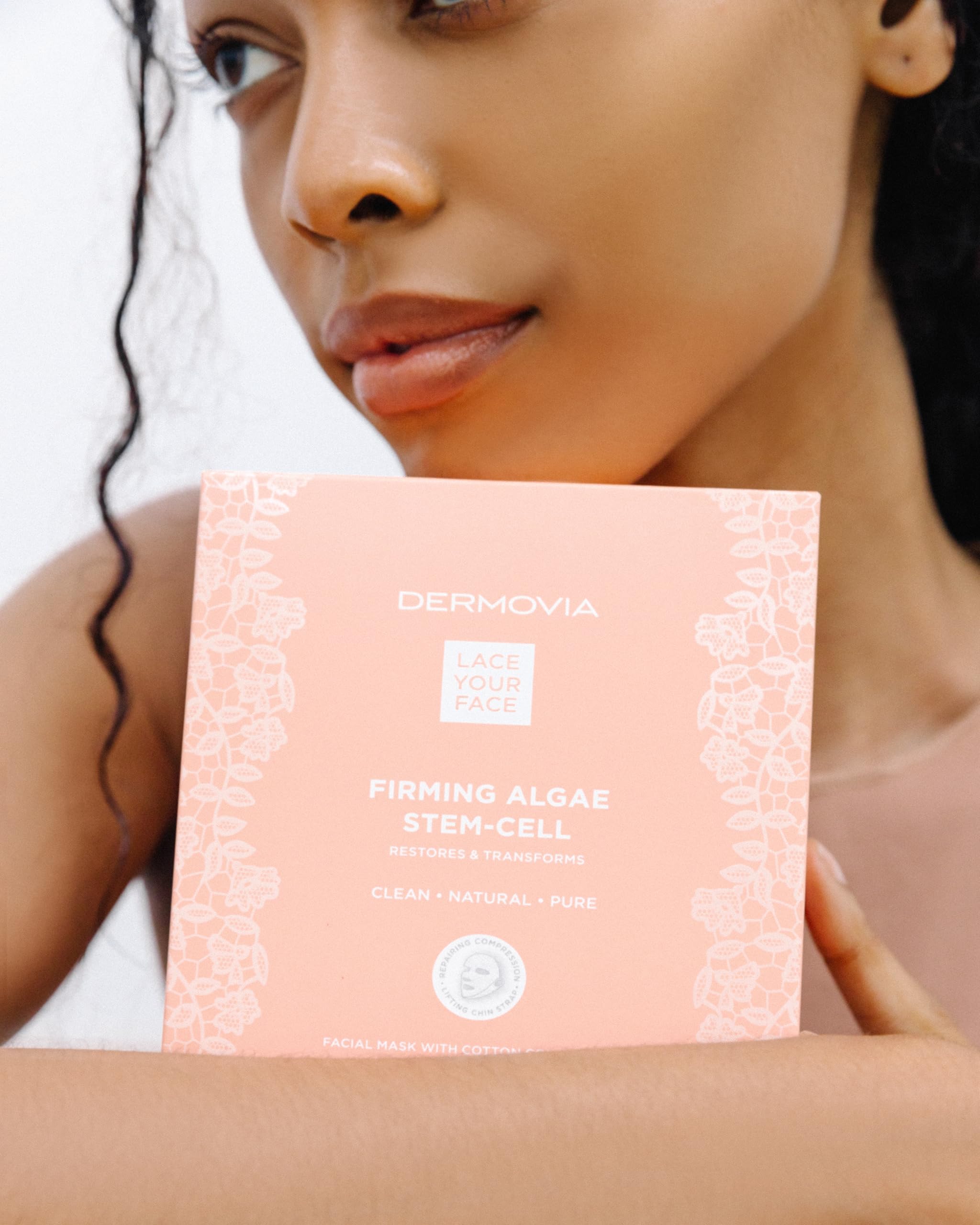 LACE YOUR FACE Patented Compression Facial Mask, Reusable Biodegradable Cotton Anti Aging Skin Care, Firming Algae Stem Cell, Single
