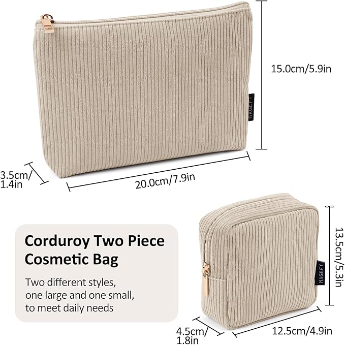 MAGEFY Small Makeup Bag, 2 Pcs Corduroy Makeup Bag for Purse Make Up Organizer Bag Mini Pouch with Slip-in Pockets Aesthetic Preppy Stuff - Beige