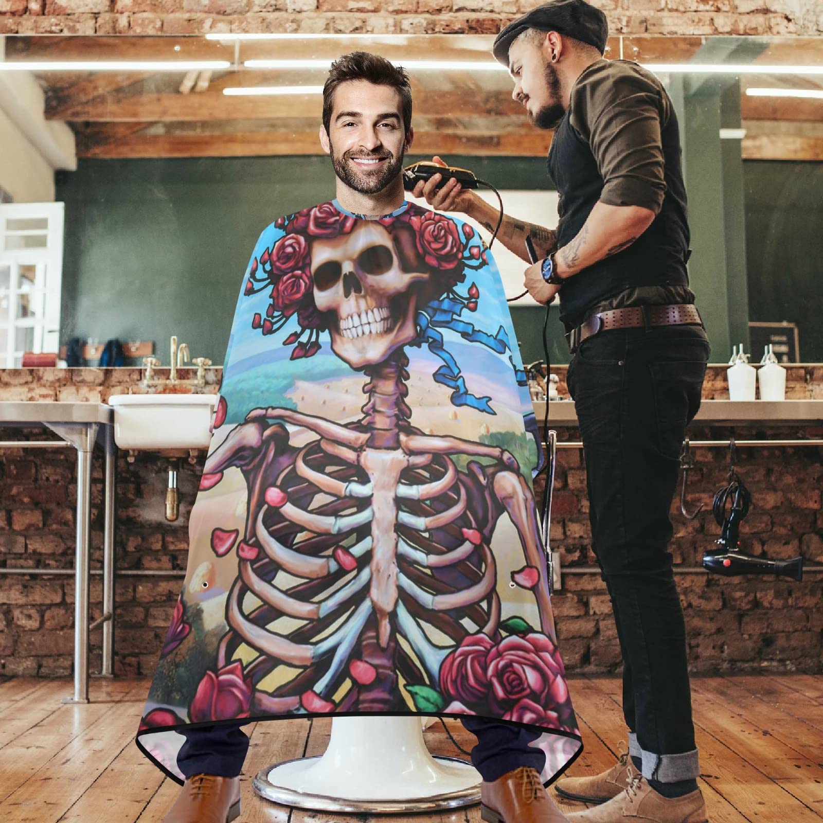 Visesunny Barber Cape - Flower Skull Polyester Hair Cutting Salon Apron Anti-Static Haircut Water-Resistant Shaving Cloth Beard Shaving Bib Hairdressing Cape