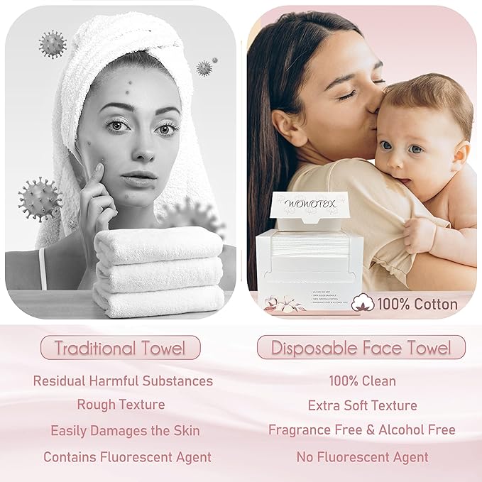 WOWOTEX 100% Cotton Disposable Face Towel 100 Count 10x12 Inch | Biodegradable Thick Soft One Time Use Dry Wipes for Sensitive Skin, Facial Cleaning, Makeup Removal