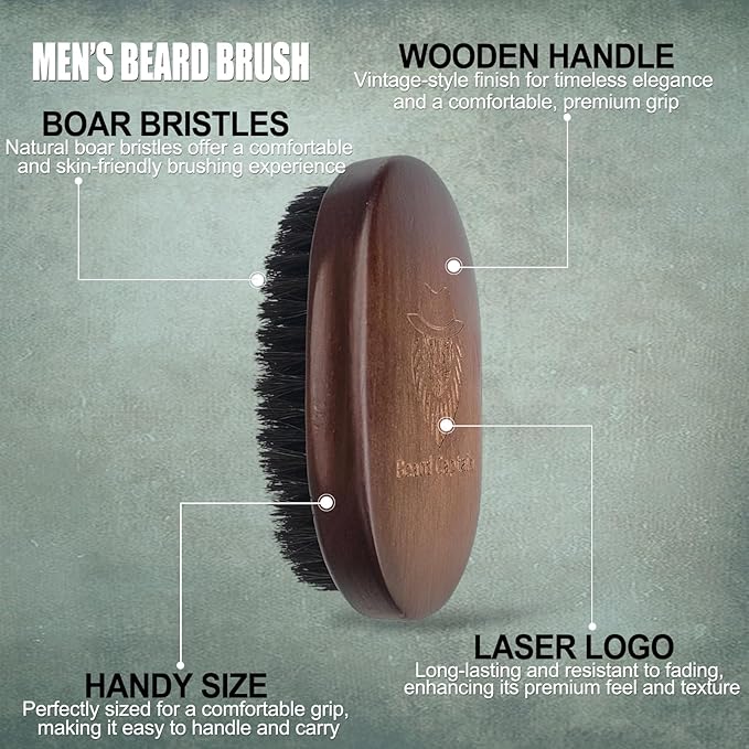 Beard Captain 100% Boar Bristle Beard Brush for Man – Retro Wooden Handle, Promotes Beards Growth & Softens, Travel Size