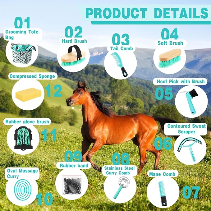 Abbylike 12 Pieces Horse Grooming Kit with Organizer Tote Bag Tack Room Supplies Horse Brush Sets Equine Care Cleaning Kit Shedding Grooming Massaging Tools (Mint Green and Grey)
