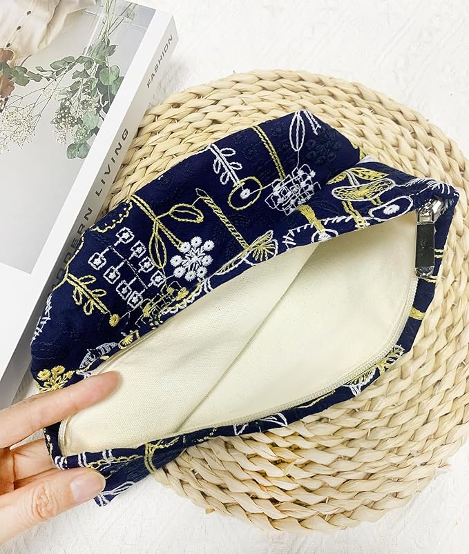 getgto 2 Pcs Makeup Bags, Large Cosmetic Bag Travel Toiletry Bag Organizer for Women, Embroidery Craft, Floral Makeup Bag Small Cosmetic Pouch Purse with Zipper, Gifts for Girls Teen (Blue-tree)