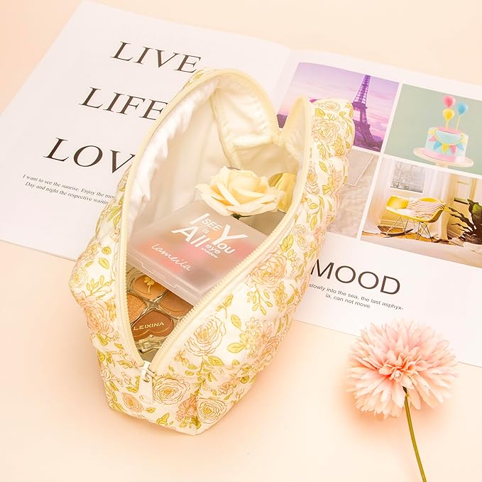 PAZIMIIK Small Quilted Makeup Bag,Zipper Cosmetic Pouch,Rose Beige