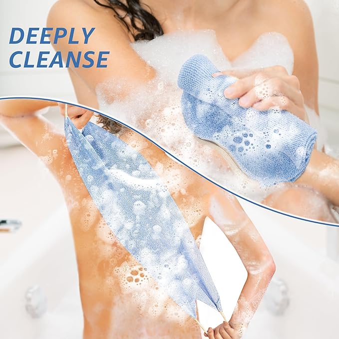 Culture Gifts Extended Exfoliating Back Scrubber with Handles, Nylon Cleaning Exfoliator Washcloth for Body, Stretchable Pull Strap Soft Quick-Drying Rough Scrub Towel, Blue