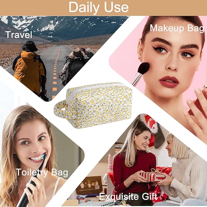 HHQQWZ Makeup Bag Travel Cosmetic Bag for Women, Zipper Make Up Pouch, Floral Flowers Toiletry Organizer Makeup with Handle, Cosmetic Travel Cloth Bag (Yellow Floral)