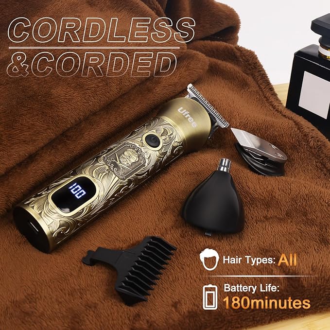 Ufree Hair Clippers for Men Professional with Beard Trimmer, Barber Clippers and Trimmers Set, Electric Razor Shavers for Men, Cordless Mens Grooming Kit for Nose, Face, Hair, Gifts Bronze