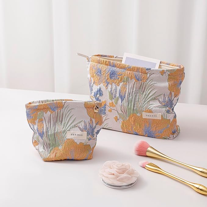 getgto 2 Pcs Makeup Bags, Large Cosmetic Bag Travel Toiletry Bag Organizer for Women, Embroidery Craft, Floral Makeup Bag Small Cosmetic Pouch Purse with Zipper Gifts for Girls Teen